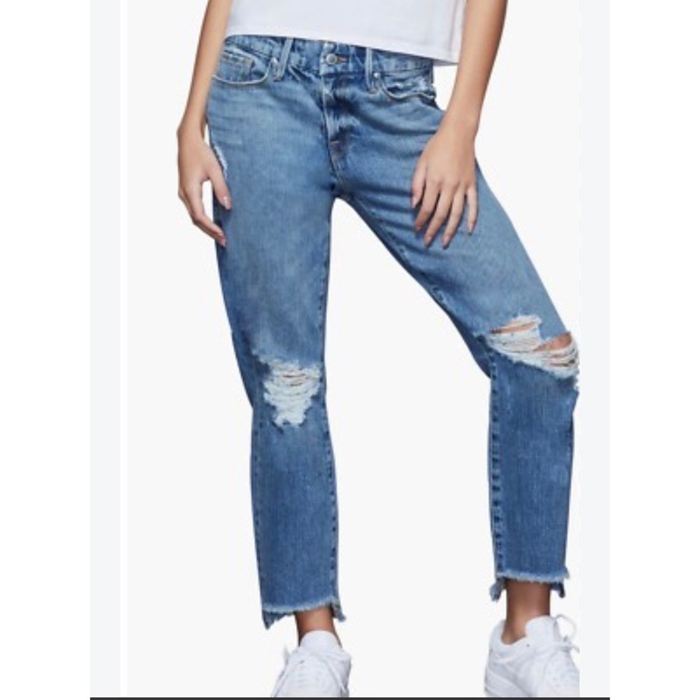 Good American Good Girlfriend Distressed Jeans Blue size 12/31 Ripped Side Hem